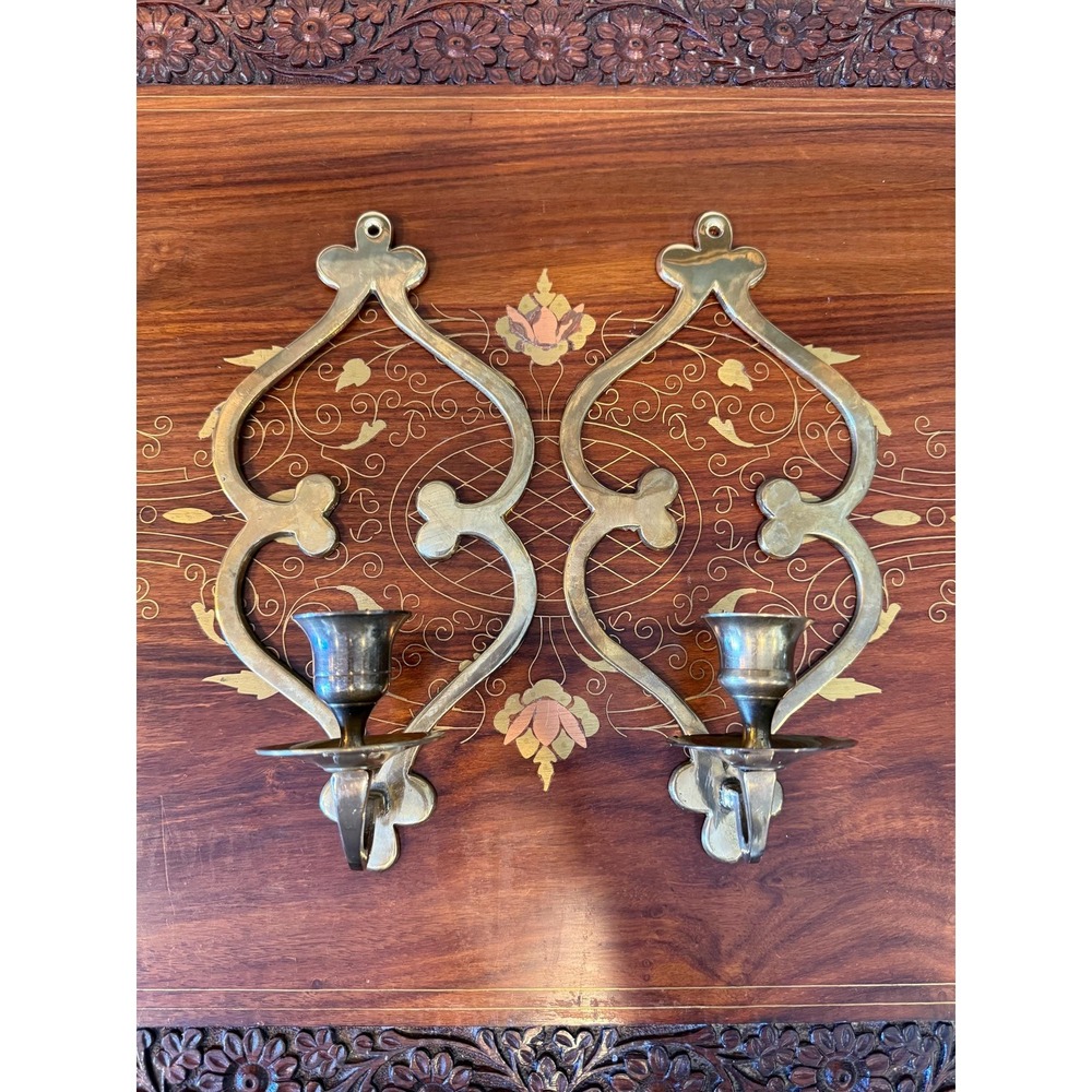 Vintage Brass Wall Sconce Pair – Made‎ in India Metal Candle Holders, 10"